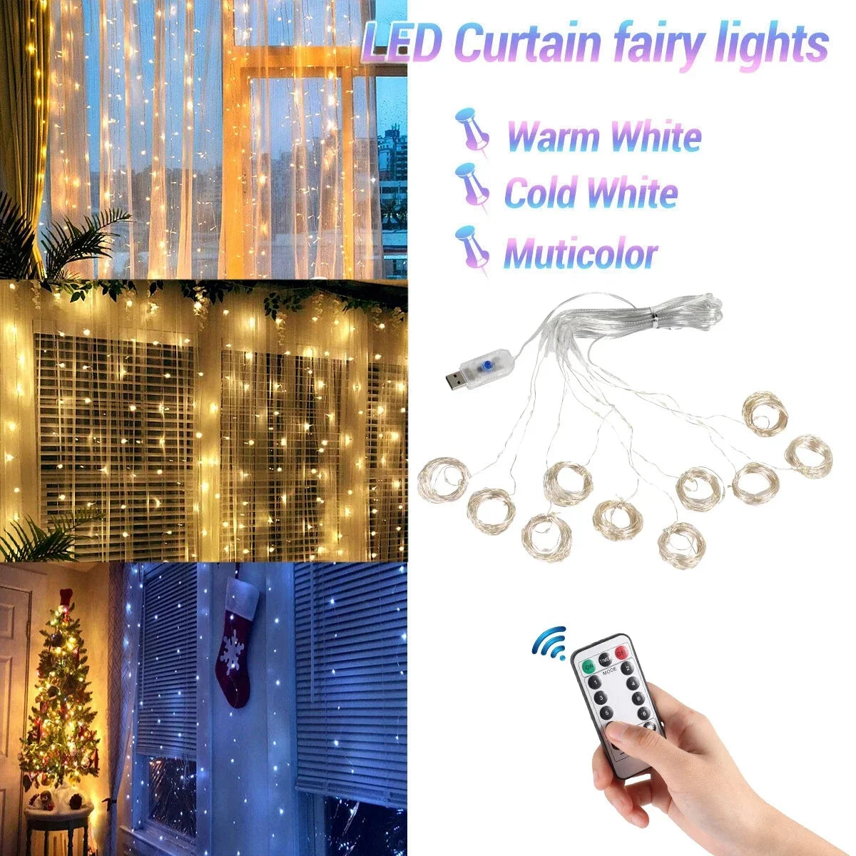 Christmas Lights Curtain Garland Merry Christmas Decorations